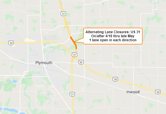 U.S. 31 to have lane closures north of U.S. 30